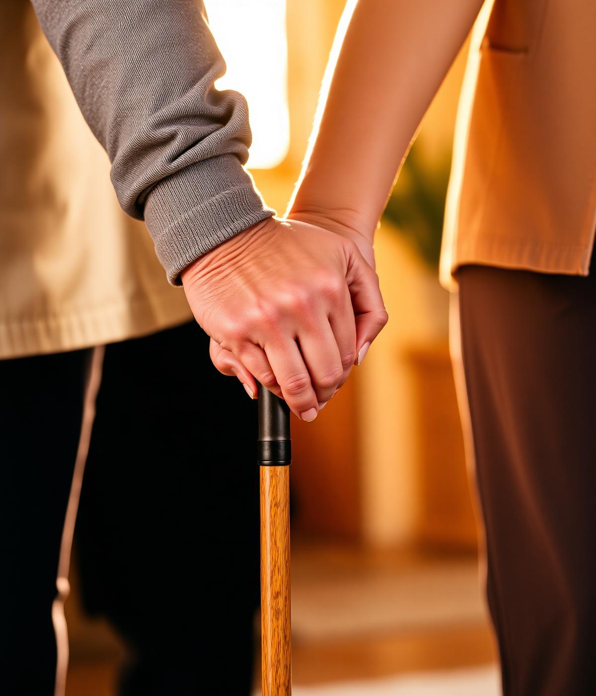 Caregiver's hands gently helping an elderly person